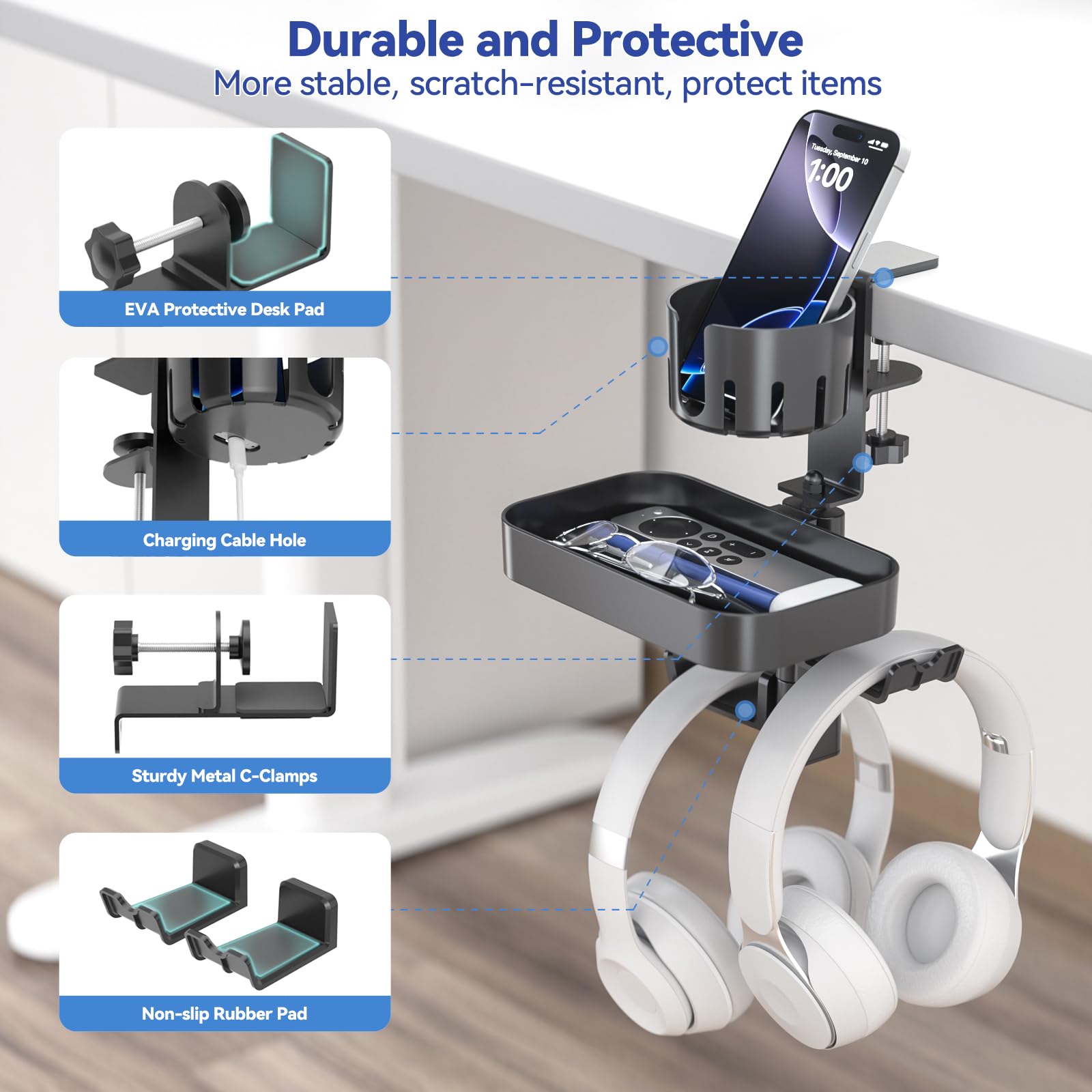 KDD Desk Cup Holder with 2 Headphone Hook, Rotating Pencil Holder and Detachable Drawer Tray - Image 4