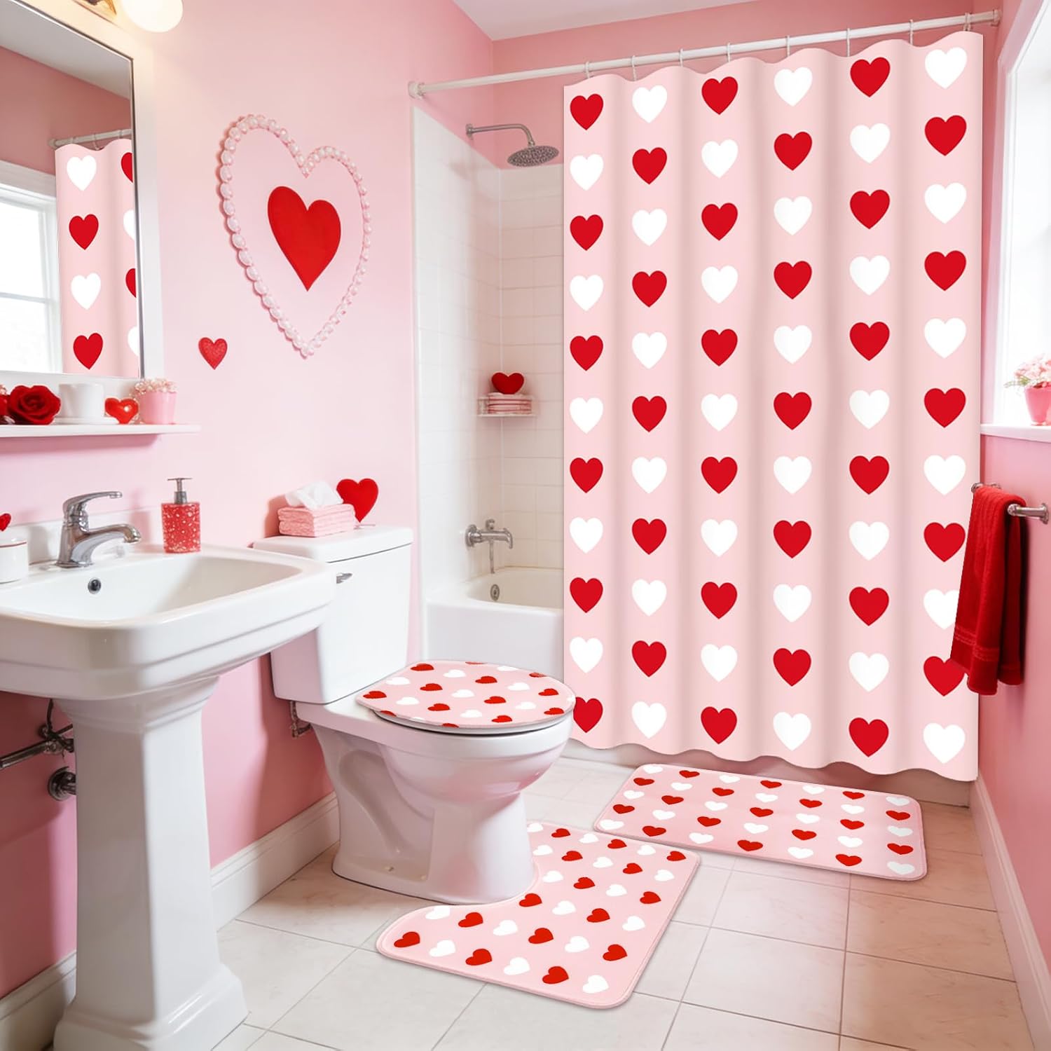 JarThenaAMCS 4Pcs Valentine's Day Bathroom Set Pink Red White Heart Non-Slip Bath Mat U-Shaped Toilet Rug Toilet Lid Cover Shower Curtain with Hooks for Home Hotel Accessories Decoration