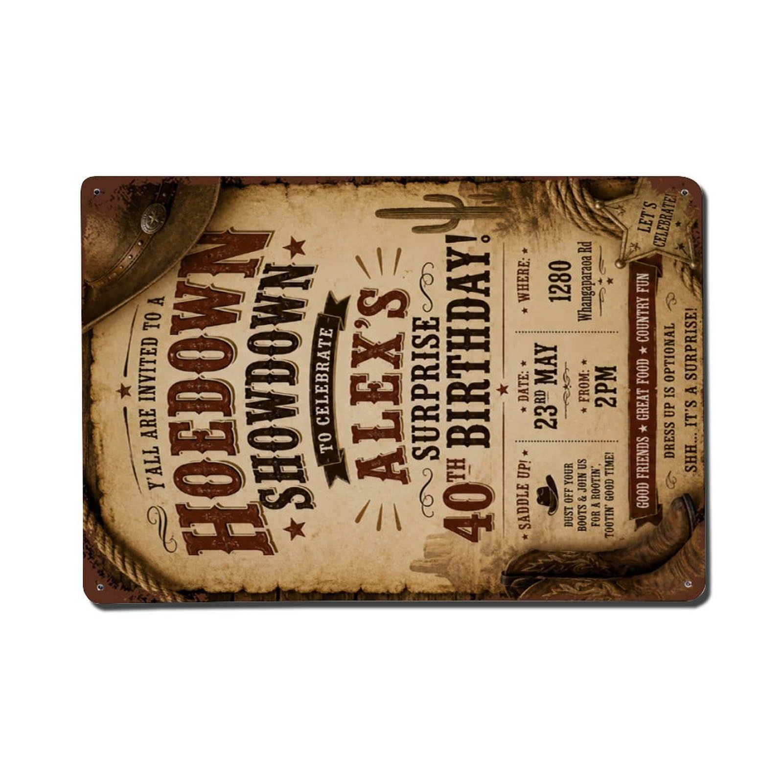 Western Cowboy Themed Birthday Invitation Sign Vintage Aluminium Metal Sign, Retro Wall Decor for Home, Bar, Garage & Farmhouse 20x30cm