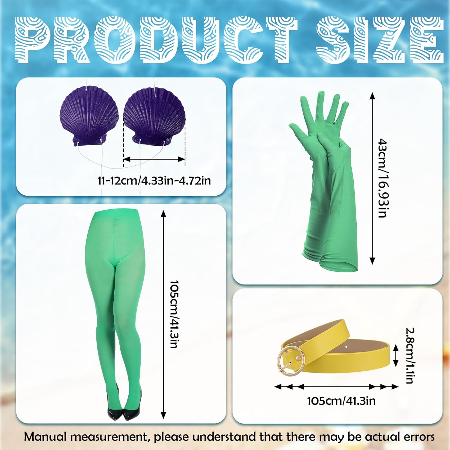 5 Pcs Halloween Mermaid Costume Accessories Include Seashell Bra White Rope Green Footed Tights Spandex Gloves Leather Belts for Men Women Halloween Party Cosplay - Image 2