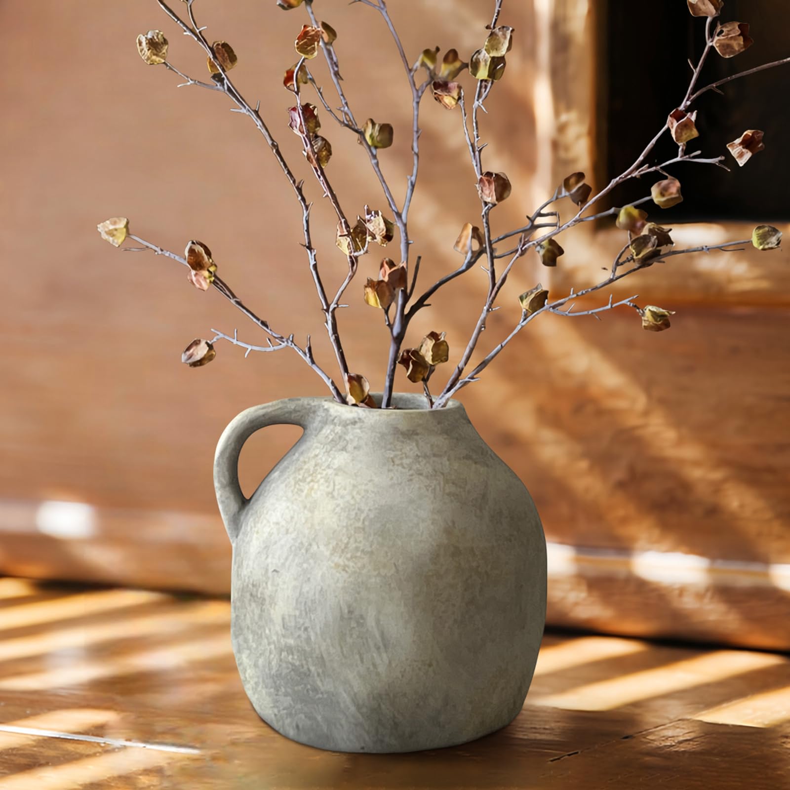 GDSZJLJ 5.6 Inch Vintage Ceramic Rustic Vase with Handle,White Grey Pottery Flower Vase for Home Decor,Rustic Farmhouse Vases for Kitchen,Bedroom,