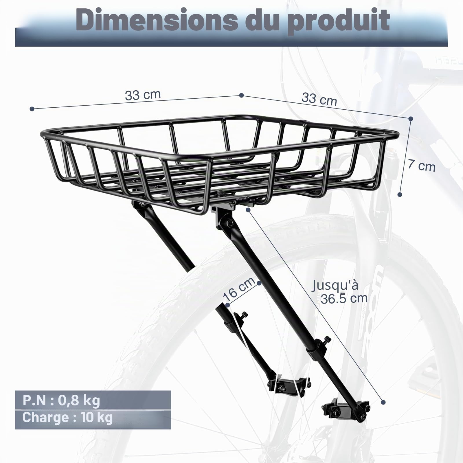 Panier de vélo avant - Panier avant de grande capacité, léger - Panier en aluminium solide avec entretoises de maintien - Réglable pour vélos de 26 à 29 pouces - Outils de montage et filet