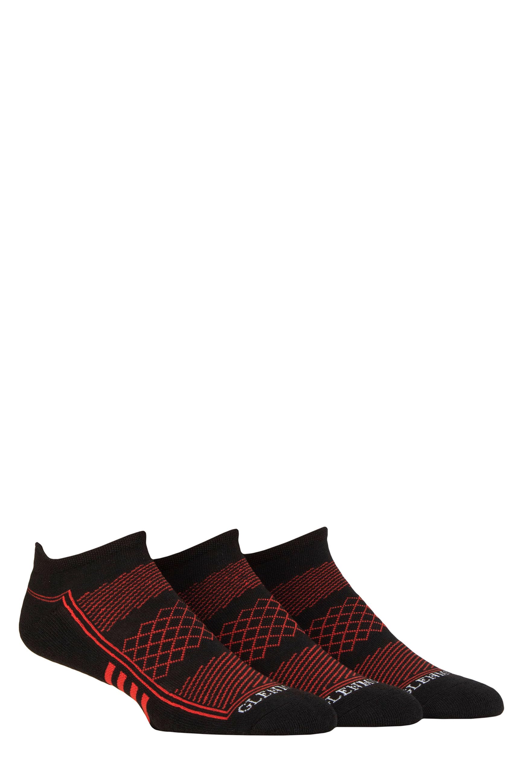 Glenmuir Mens Sport Trainer Socks - Patterned Cushioned, Low Ankle Cuffs, Arch Support 3 Pair Multipack Recycled Paper Packaging Black 7-11