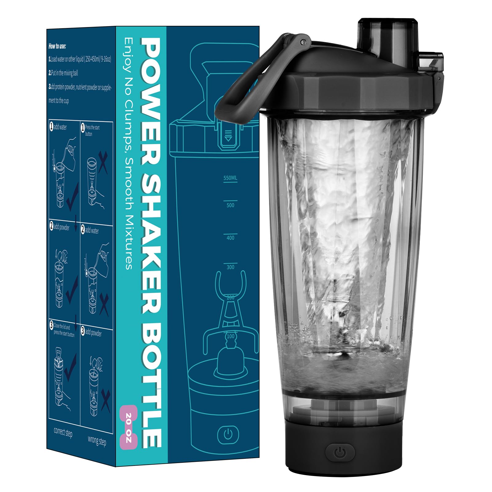 Woobroo Protein Shaker Bottle, USB C Rechargeable Premium Electric Protein Shake Mixer, BPA Free, Shakers Cups for Meal Replacement, 550ML, Black
