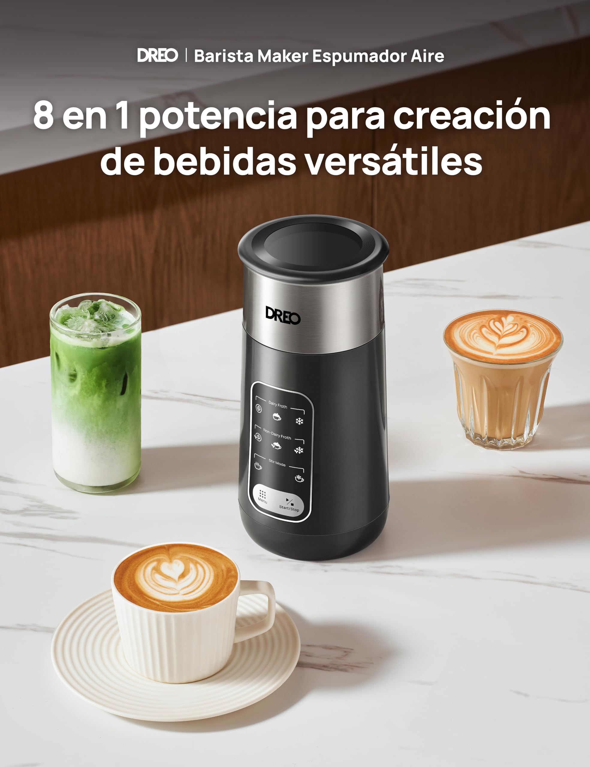DREO Espumador de Leche Electrico, 8-in-1 Espumador Automático para Latte, Capuchino, Chocolate Caliente, 270ml Milk Frother de Acero Inoxidable, Espuma de Leche Caliente y Fría, LED, Fácil de Limpiar