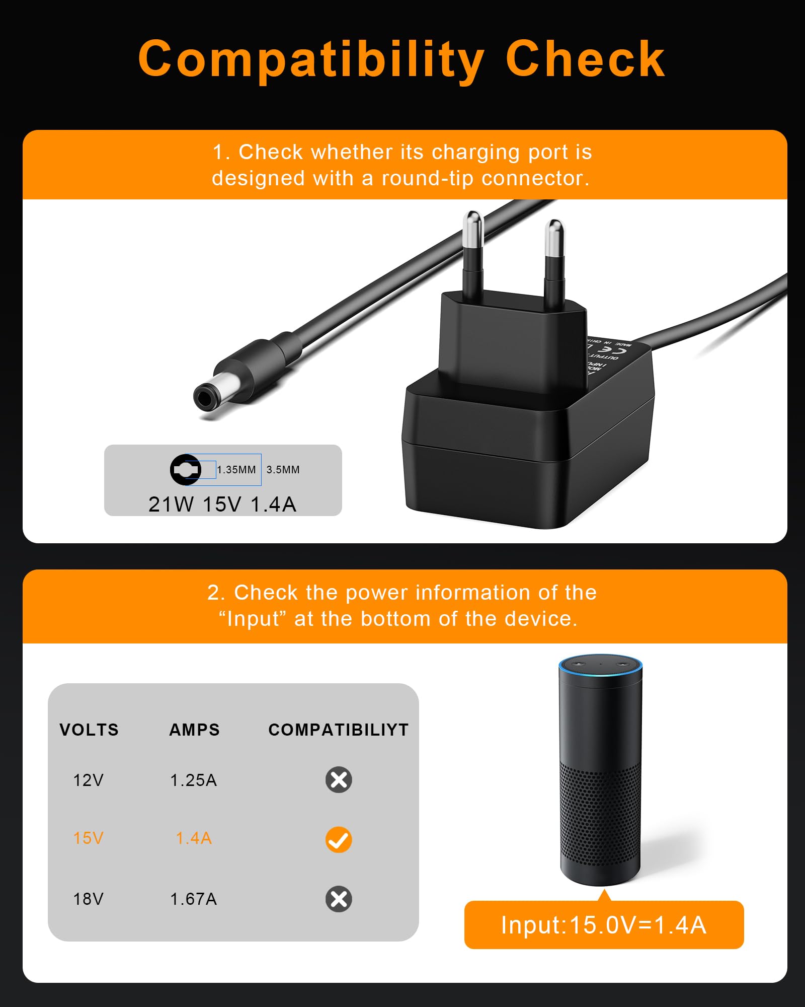 Alimentatore 21W Per Alexa Echo Show | 15V 1.4A | Cavo 1.8m | Compatibile Con 1st Gen - Foto 3