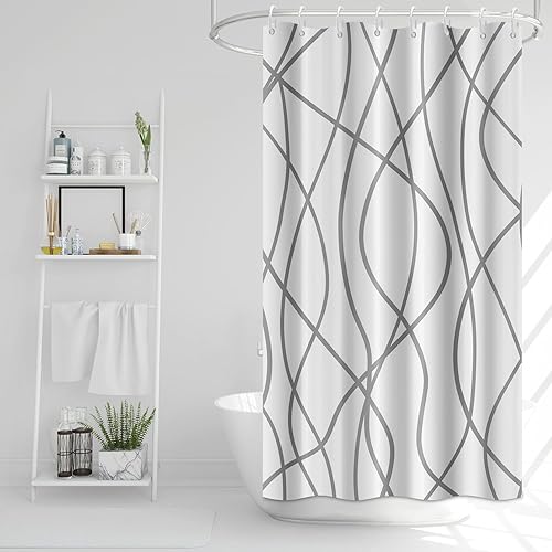 Miniatura 50 de Cortina de ducha pequeña a rayas gris claro degradado para baño, 36 x 72 pulgadas, juego de cortina de ducha geométrica para cabina de RV con Gris