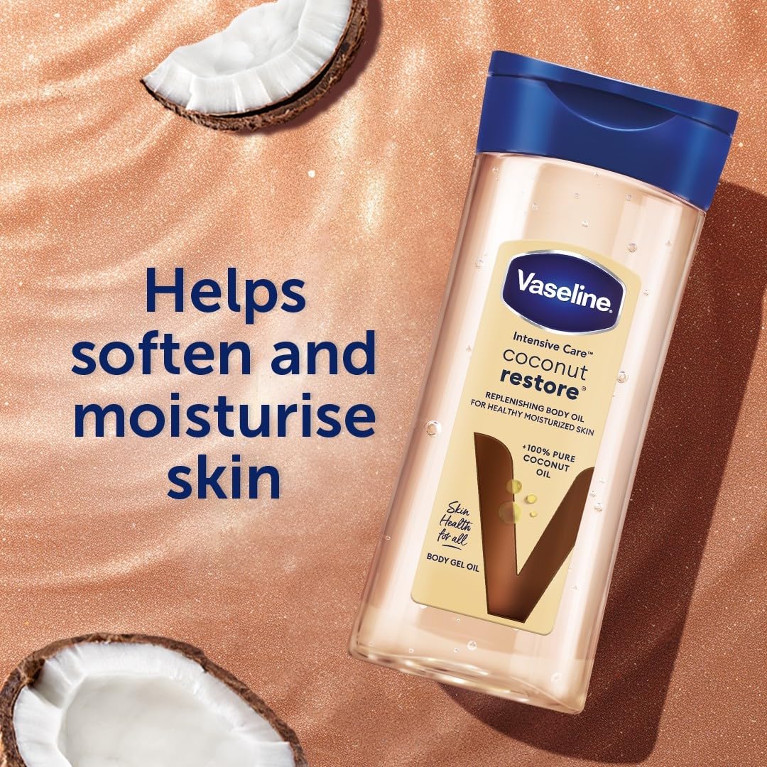 Olio corpo Vaseline Intensive Care Coconut Restore per una pelle sana e idratata. Gel corpo rigenerante a base di olio di cocco puro al 100%, (1 x 200ml)