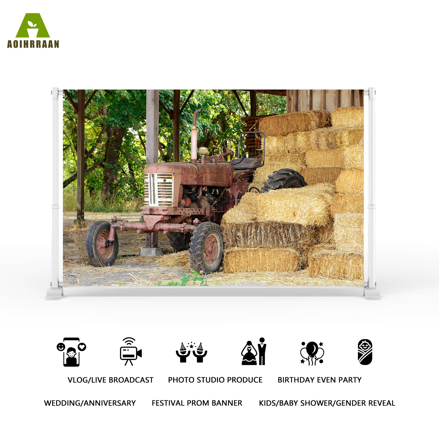 Aoihrraan 3x2m Vintage Tracteurs Toile de Fond Campagne Ferme Grange Meules de Foin Balles de Foin Scène Rurale Photographie Fond Cowboys Fête Enfants Adultes Mariage Portrait Photo Props