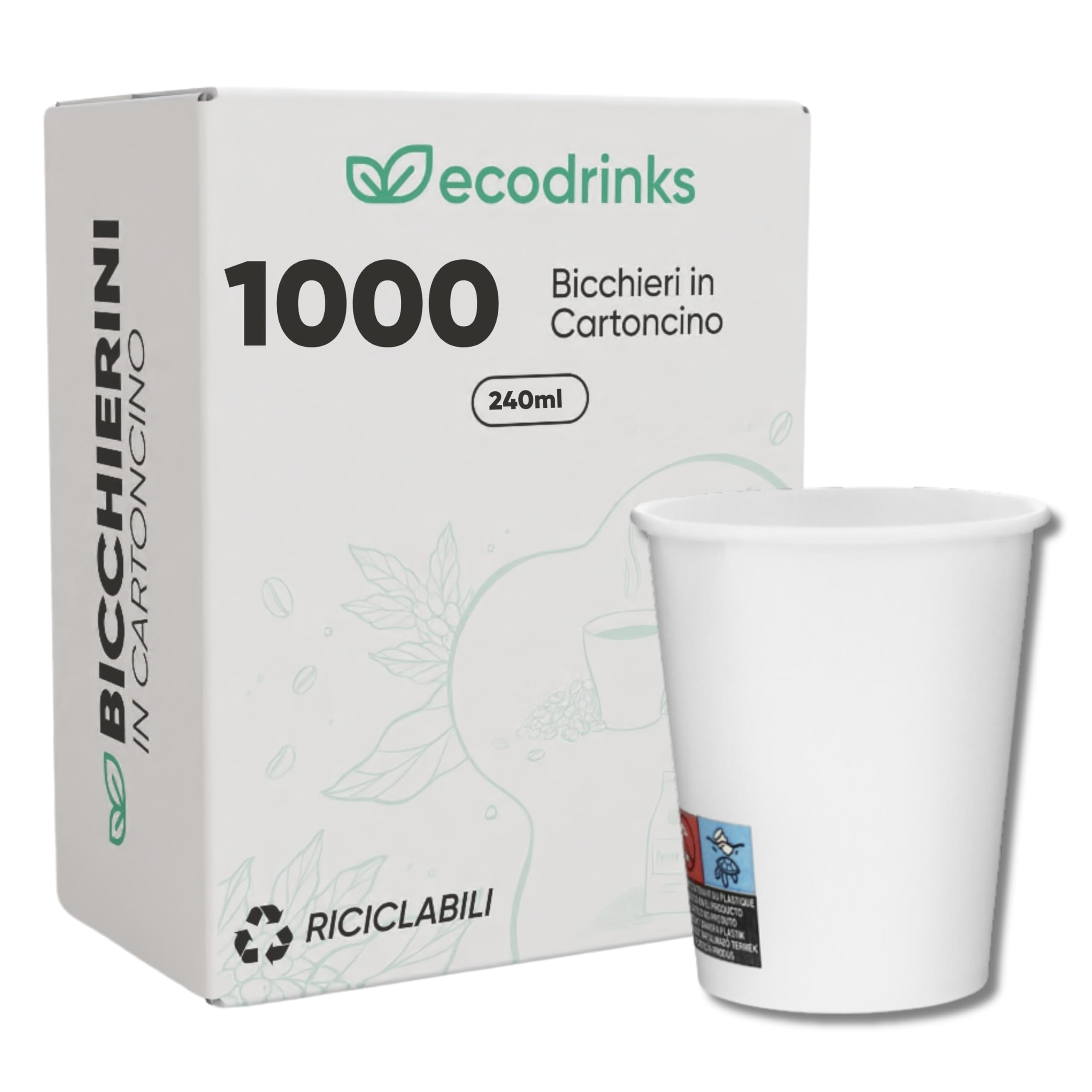 ecodrinks - 1000 Bicchieri Carta Bianco da 240ml - Per Acqua, Cocktail, Bevande Calde e Fredde - Biodegradabili, Eco-friendly e Made in Italy