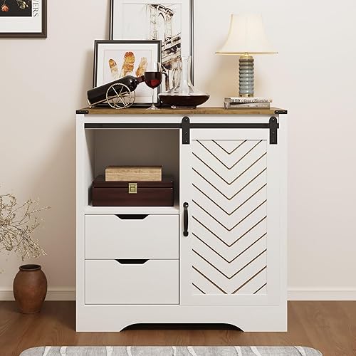 Miniatura 8 de Armario de barra de café de granja con almacenamiento, aparador de 33 pulgadas de alto con puerta de barra deslizante, mesa de gabinete rústico de