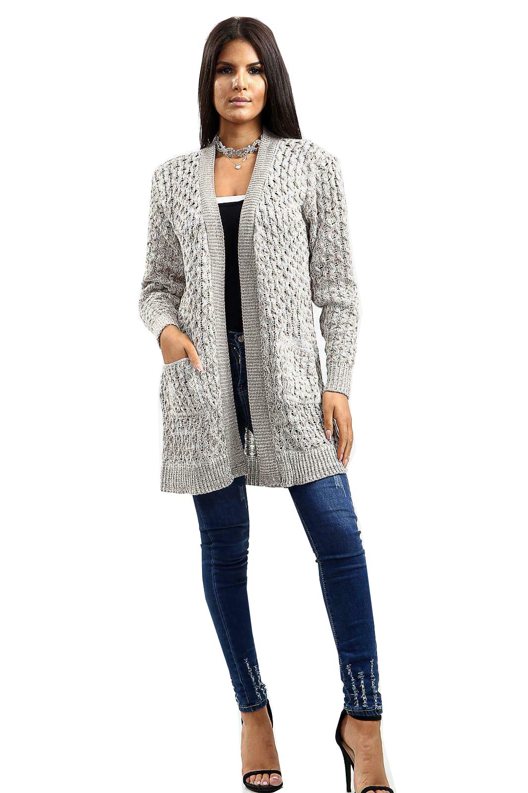 BIWTUP Ladies Chunky Knitted Cardigan Ladies Baggy Open Pocket Boyfriend Jumper