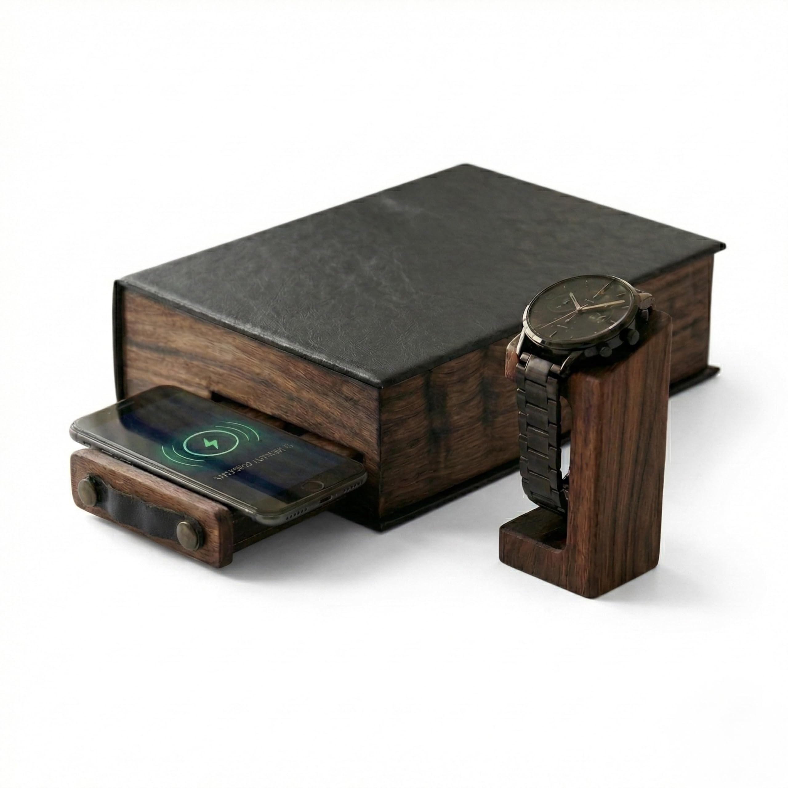 Schreibtisch Organizer Holz im Buch-Design mit Geheimfach, Walnut Wizard Desk Setup Zubehör mit Kabelführung & Handyhalterung, inkl. Massivholz Watch-Halter, Geschenk für Männer zum Vatertag