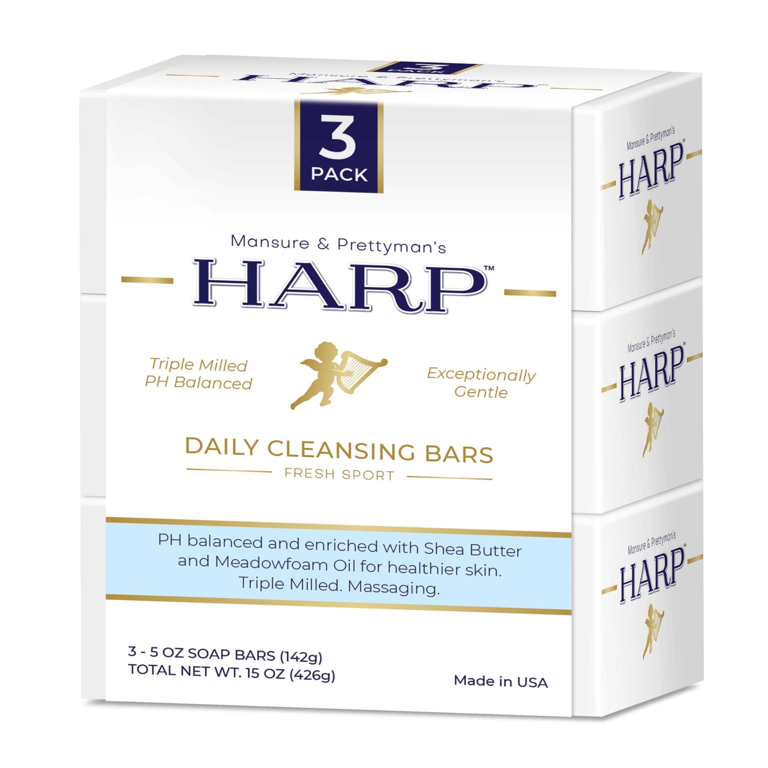 HARP® Fresh Sport Body Wash Bar – pH Balanced (5.0–6.0) Syndet Cleanser, Soap-Free & No Lye, Non-Comedogenic, Gentle for Sensitive & Dry Skin, With
