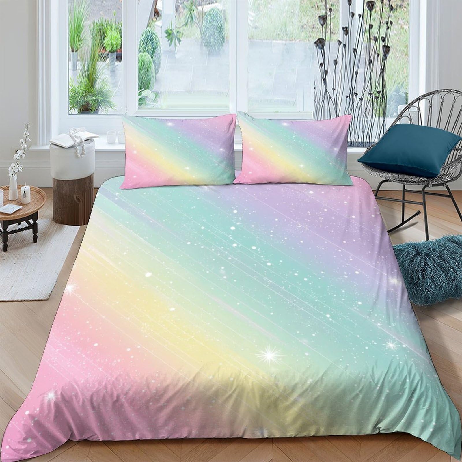 Ctjqhvkz Style-4 3D Printed Pastel Rainbow Fitted Sheet Microfiber Soft Breathable Gradient Sparkle Mattress Cover For Bedroom Decoration Single（135X200cm）