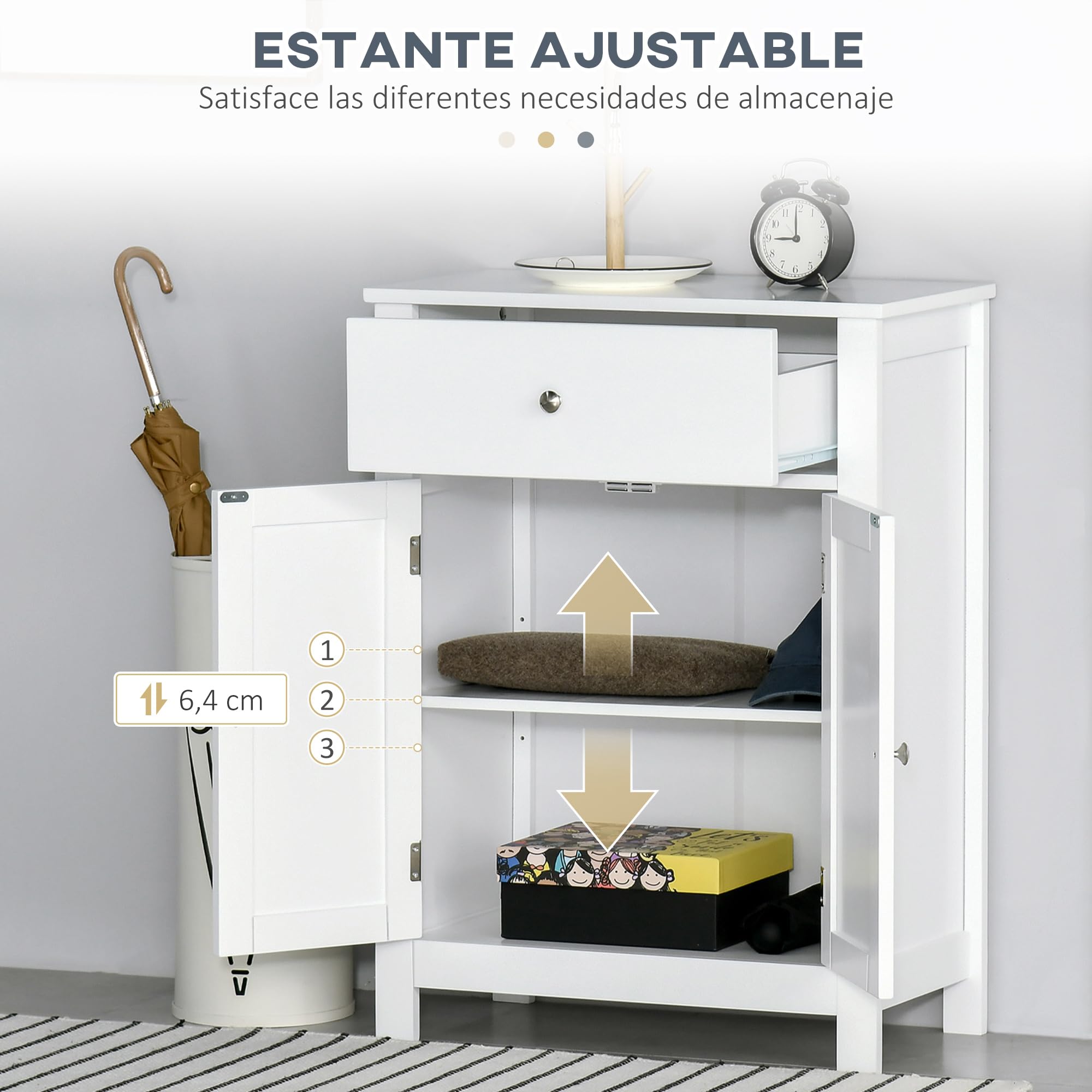 kleankin Armario de Baño de Almacenaje Multifuncional Mueble Auxiliar con 2 Puertas 1 Cajón y Estante Interior Ajustable Antivuelco para Cocina Salón 60x30x80 cm Blanco