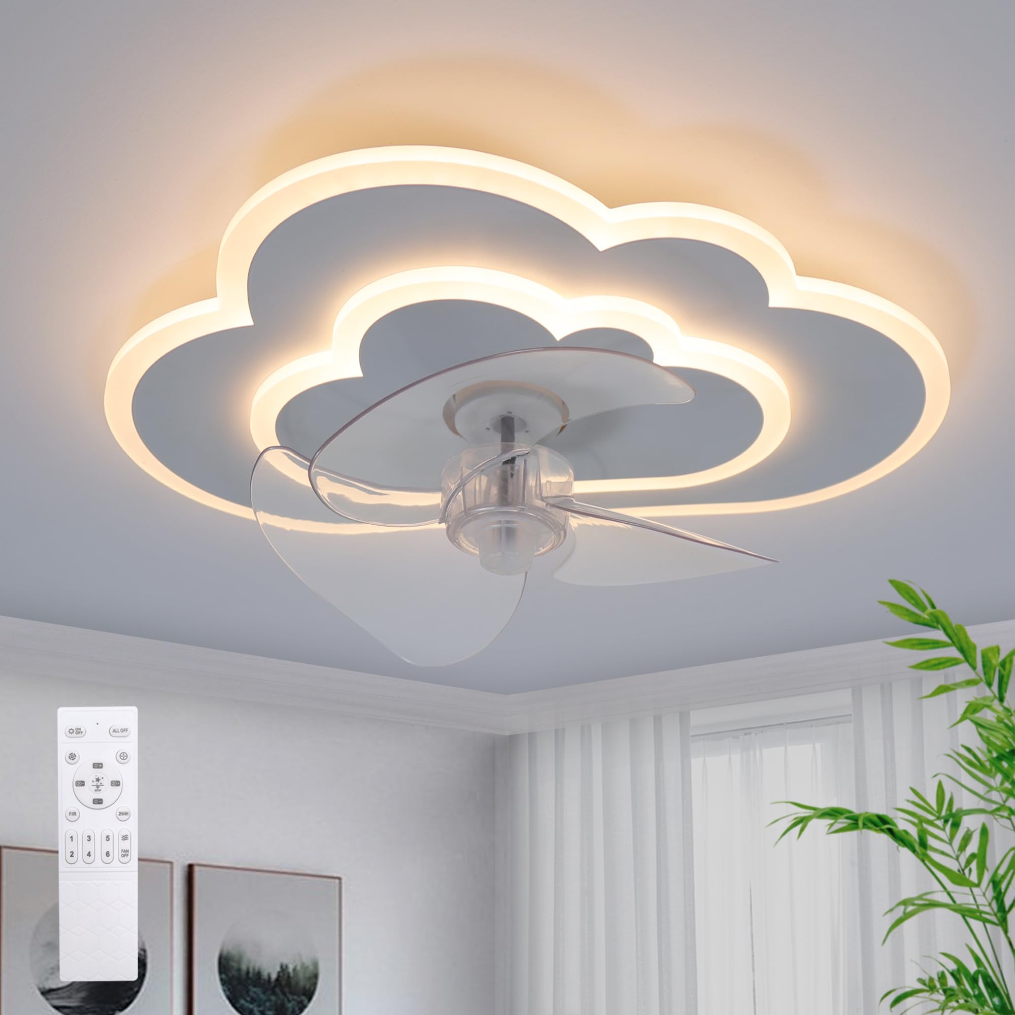 Deckenventilator Mit Beleuchtung LED Wolke Deckenleuchte mit Ventilator 6 Geschwindigkeiten,Fernbedienung Leise Dimmbar Ventilator Deckenlampe für Schlafzimmer Kinderzimmer 50W 50CM