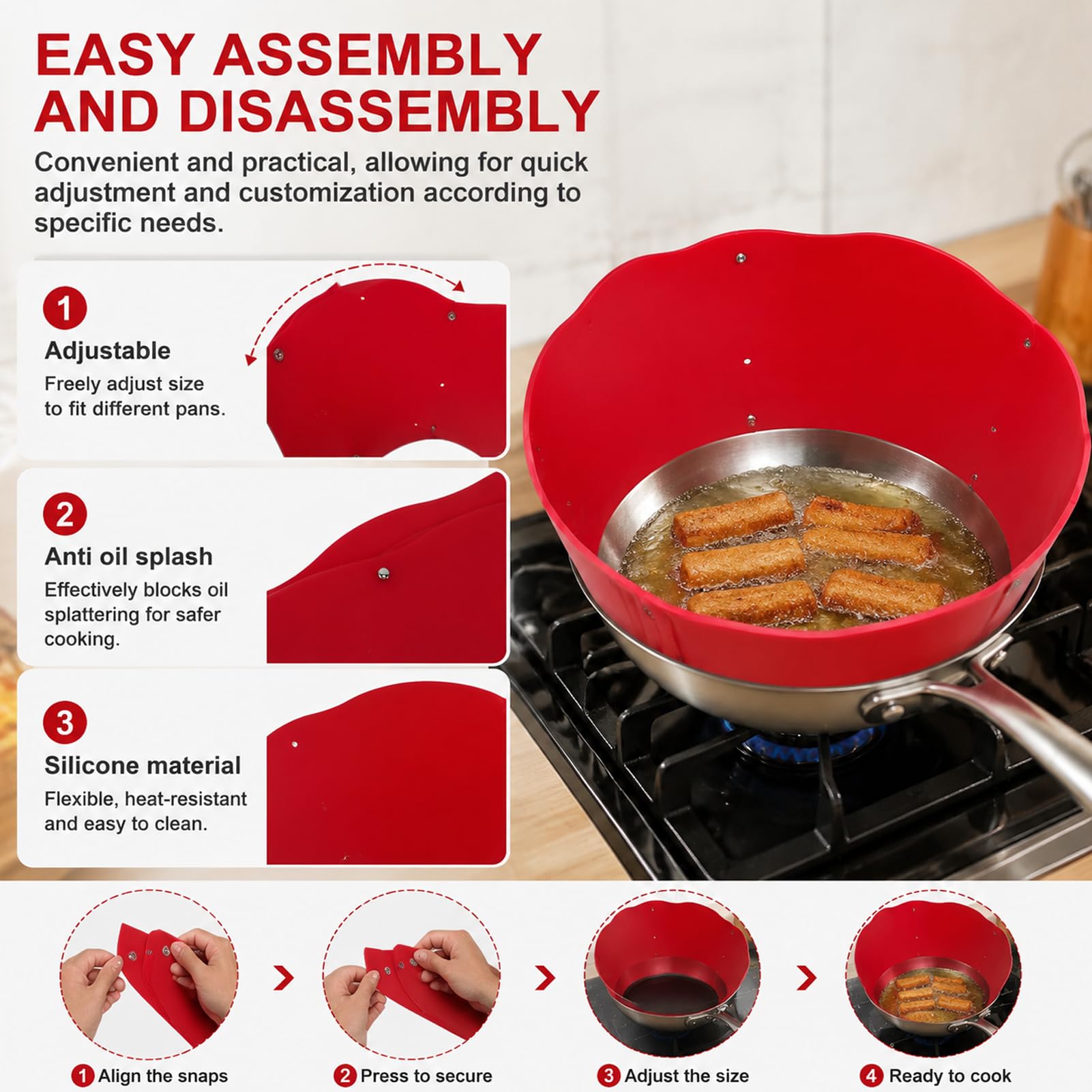 2 paraspruzzi in silicone per padelle, imbuto anti-olio regolabile, alternativa allo schermo pieghevole, per uso alimentare e resistente al calore, rosso