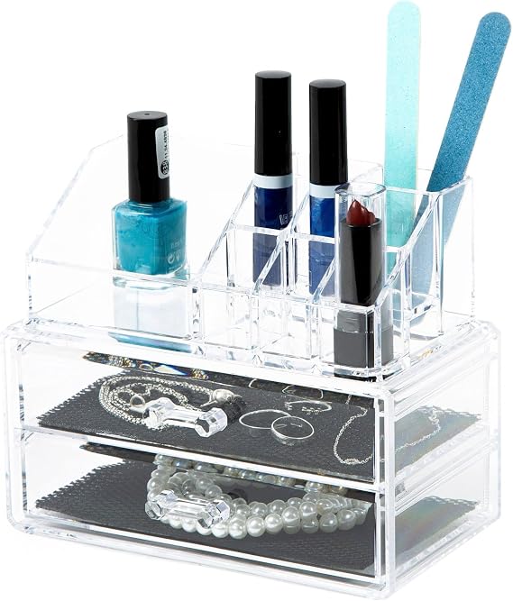 Compactor Make-up and Jewellery Storage Box, With 2 Drawers, Transparent, Polystyrene, Fabric Lining, 18.8 x 11.7 x H. 15.8 cm, RAN5048