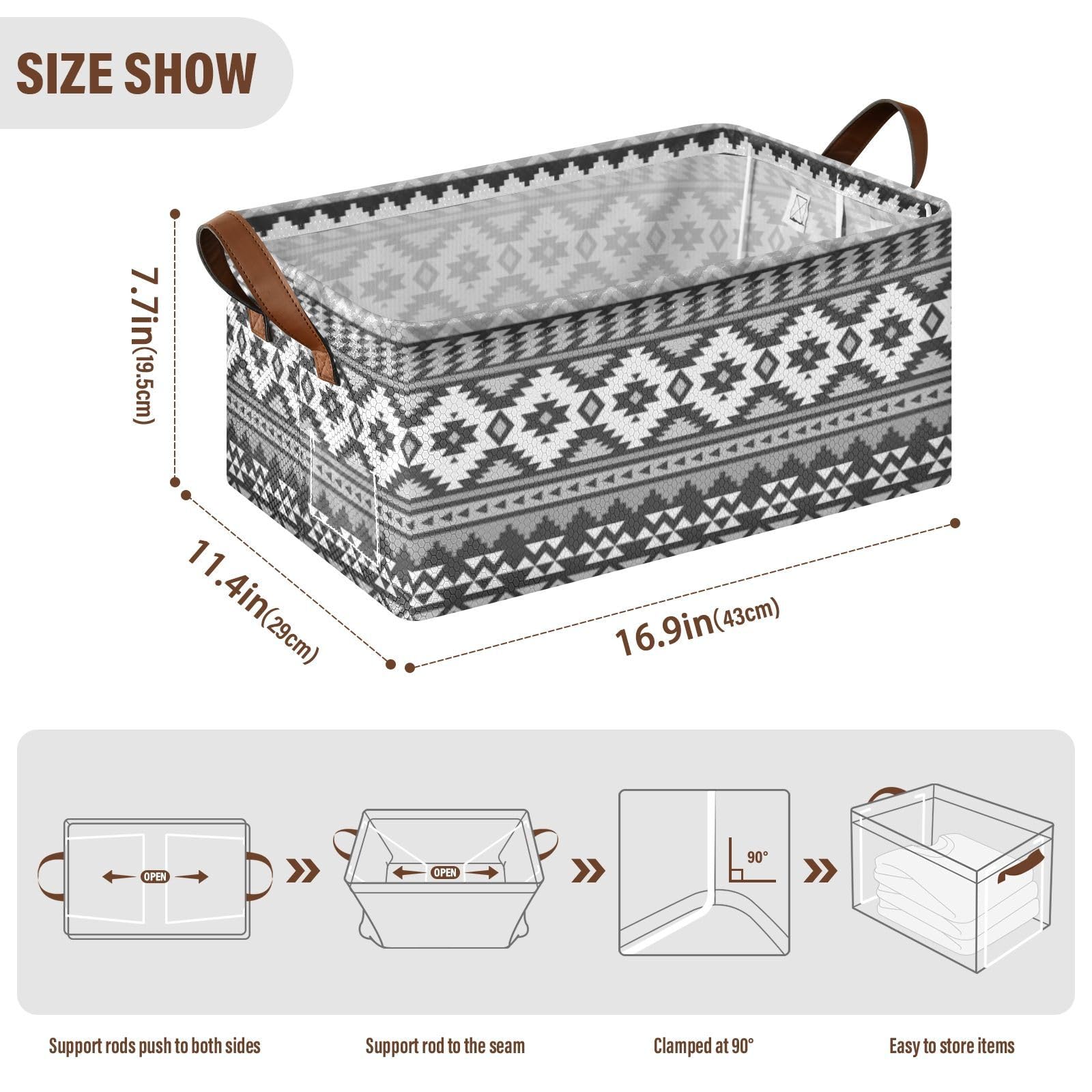 Fygkptb Seamless Tribal Ethnic Pattern in Vintage Retro 1 PC Rectangle Foldable Frame Basket Leather Handles Storage Bin for Laundry Bathroom Organizer 16.9 x 11.4 x 7.7 inch