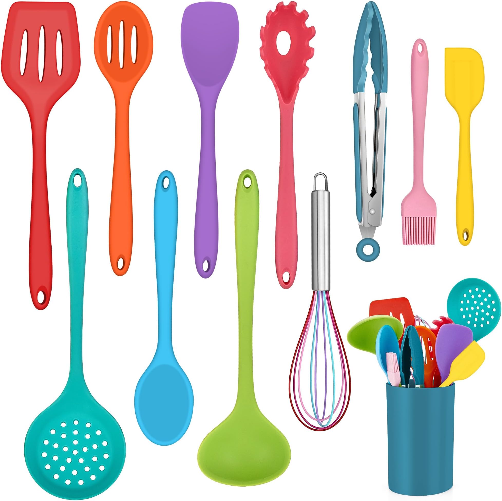 Kitchen Utensil Set, 12 Piece Silicone Cooking Utensils with Holder, Heat Resistant Kitchen Tools Turner Spatula Spoon for Non-Stick Cookware, Easy Clean & Dishwasher Safe, Multicolor