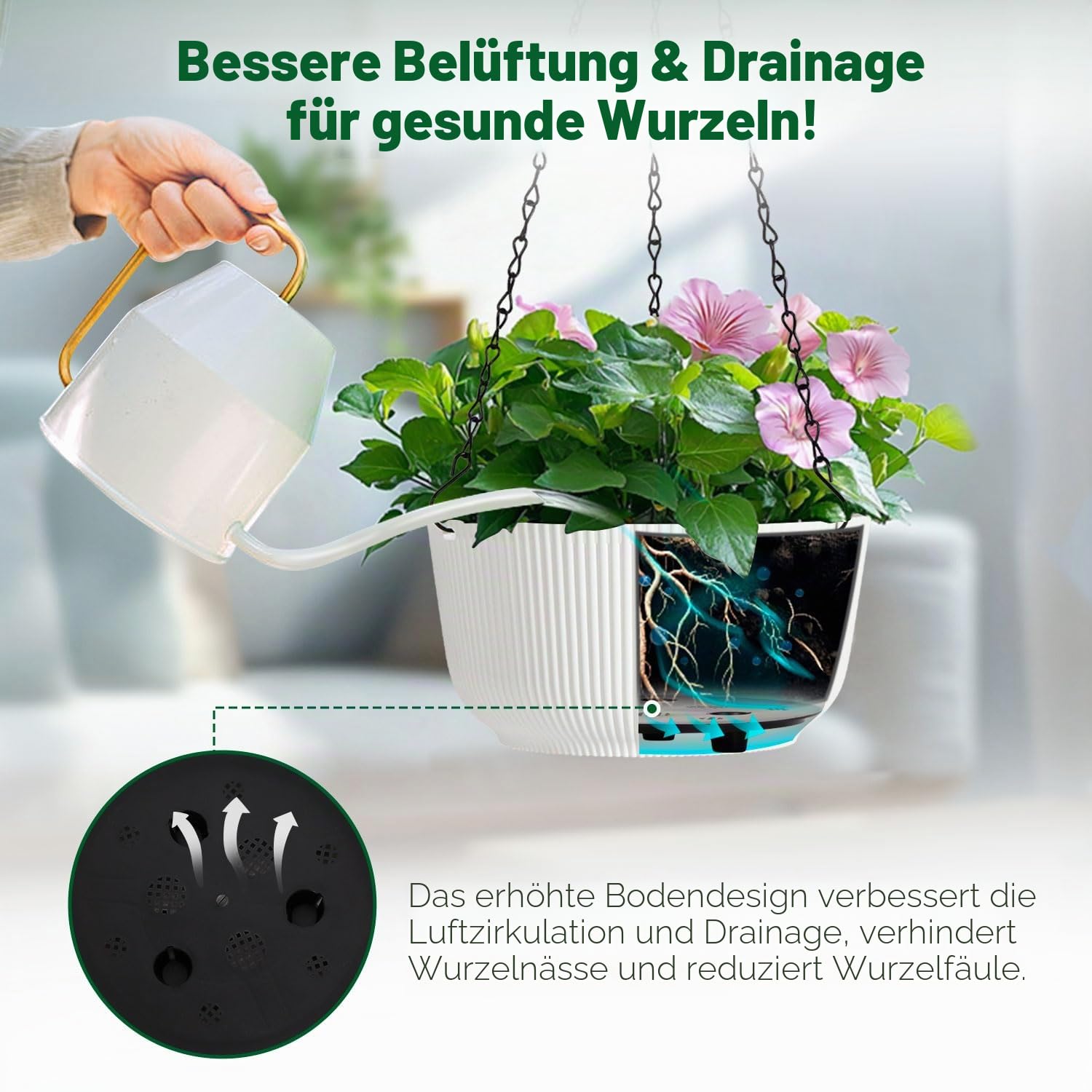 T4U Φ22cm Blumentopf Hängend Plastik 2er Set, Hängetopf für Pflanzen mit Ketten, Blumenampel mit Wasserspeicher zum Garten Balkon Wohnzimmer Blumenampel Innen für Hängeampel Pflanzen Weiß