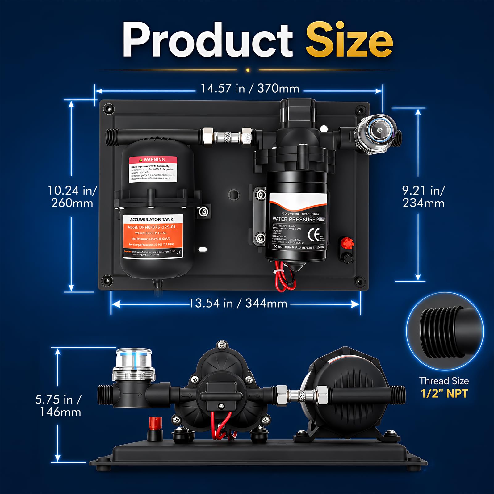 DC 12V Wasserdrucksystem mit 0,75L Druckspeicher, 3,0 GPM 50PSI Selbstansaugende Membranpumpe mit Filter & Druckeinstellung, leise Wasserversorgungspumpe für Wohnmobil, Boot, Garten, Camping