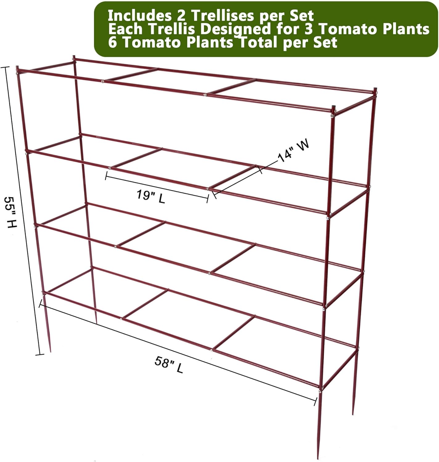 Tomato Cages – 55" H x 58" L x 14" W Row Tomato Trellis, 4-Tier Heavy-Duty Steel Support System for Indeterminate Tomatoes, Supports Up to 6 Plants Per Set