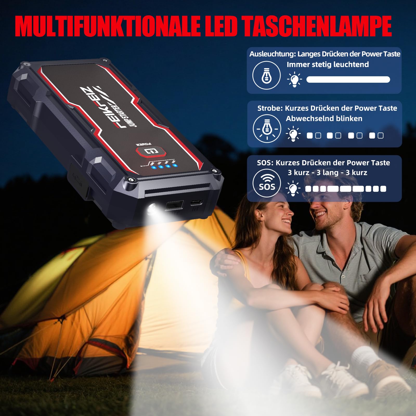 FEIKFEIZ Auto Starthilfe Powerbank, 6000A Spitzenstrom 26800mAh, Geeignet für 12V Auto Batterie (Alle Benzin und Bis Zu 8,0L Diesel), mit USB-Ladeausgang und LED-Licht