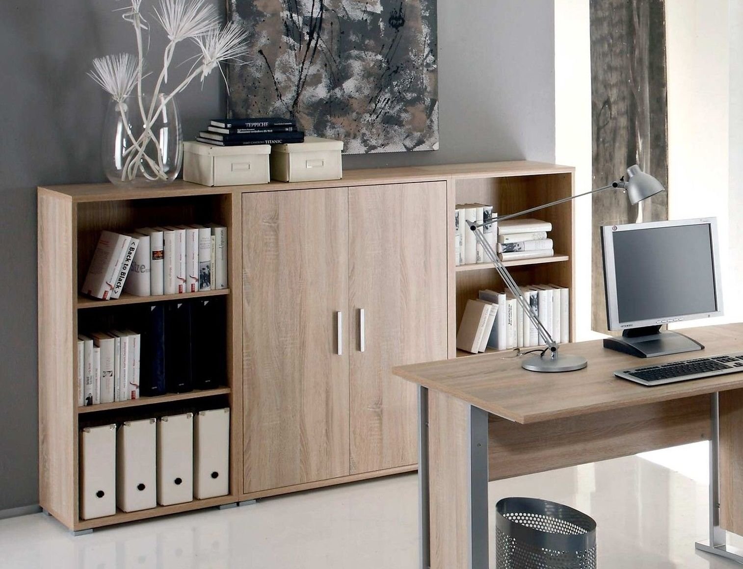 moebel-dich-auf Arbeitszimmer mit Winkelschreibtisch komplett Set Office Line mit Highboard in Eiche Sonoma