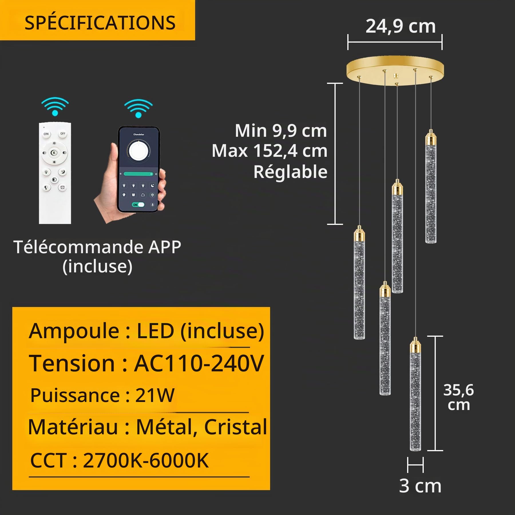 Mini lustre moderne suspendu lumières LED bulle cristal cuisine îlot luminaires or mini pendentif éclairage pour cuisine îlot salle à manger chambre bar dimmable plafonniers suspendus 2700K 6000K