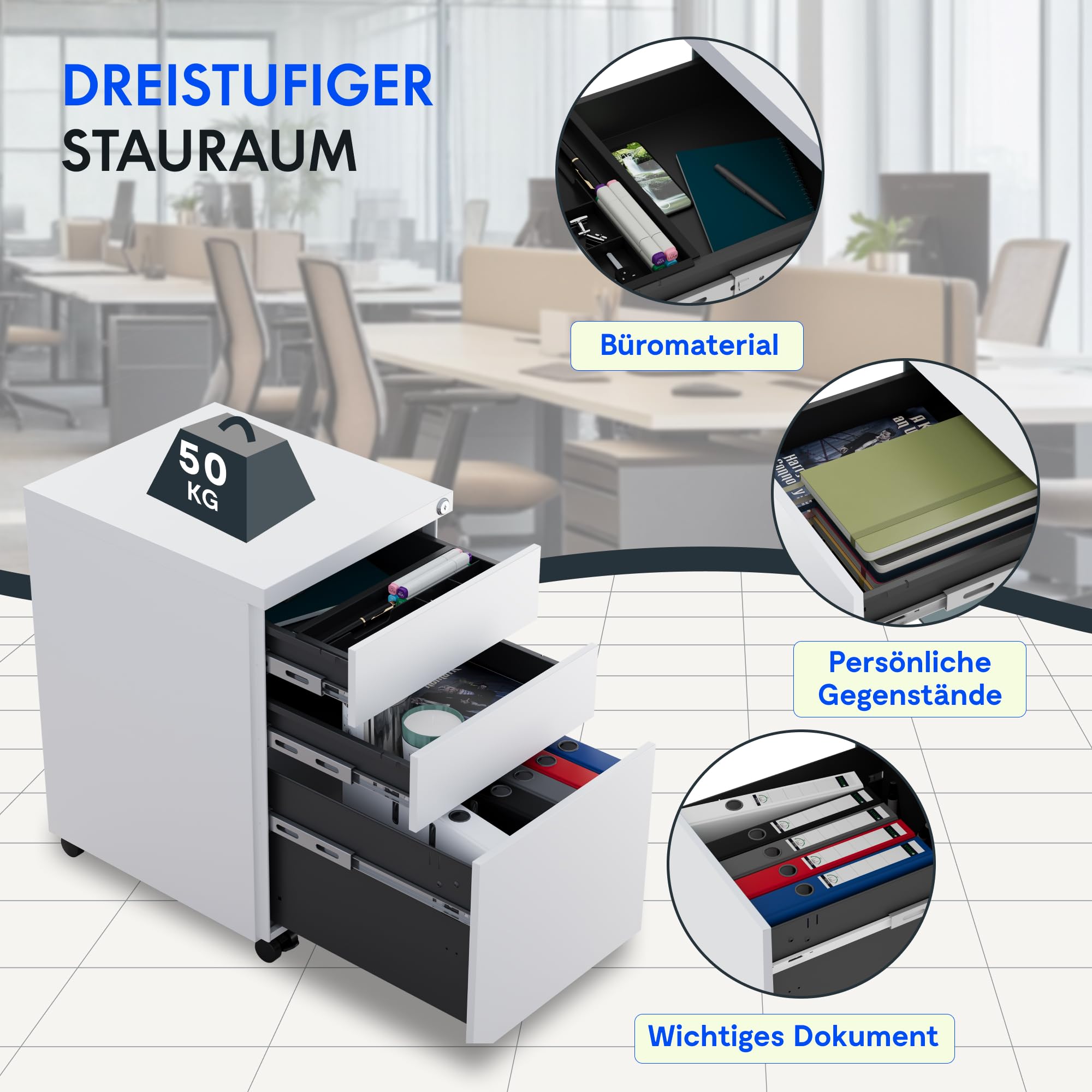 FlexiSpot Rollcontainer mit 3 Schubladen, mobiler Aktenschrank mit Rollen, Schubladenschrank Büroschrank Schreibtisch Unterschrank mit Schlüsselschloss und Anti Kipp für Büro Zuhause, Weiß