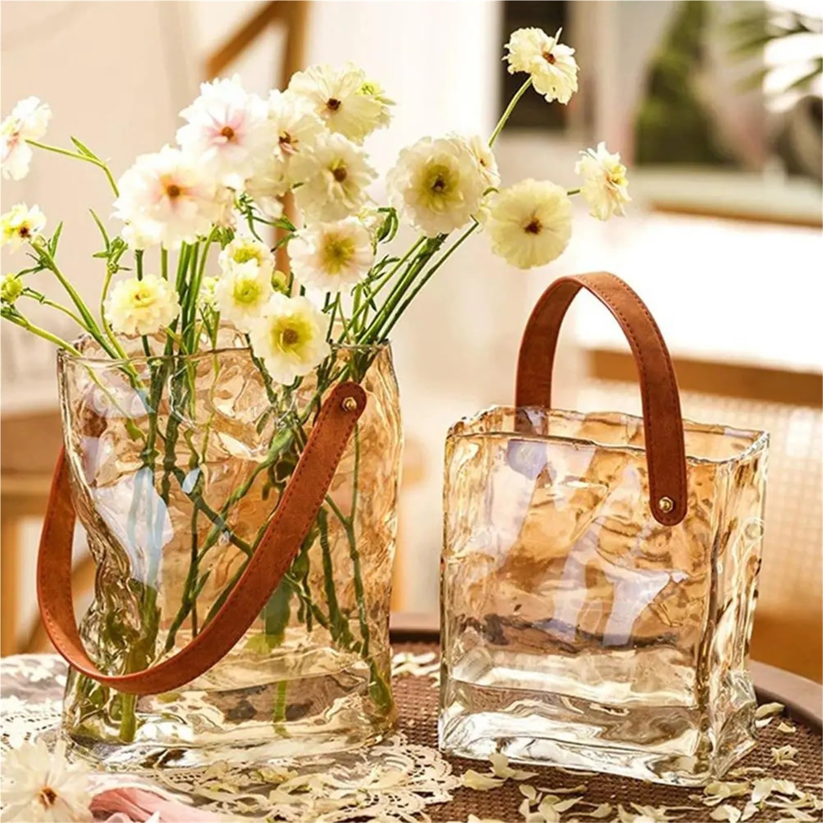 Vase Hydroponique Verre Vase en Verre Forme de Sac à Main, Terrarium, Pot Fleur hydroponique Transparent, Accessoires décoration for la Maison(Amber M)