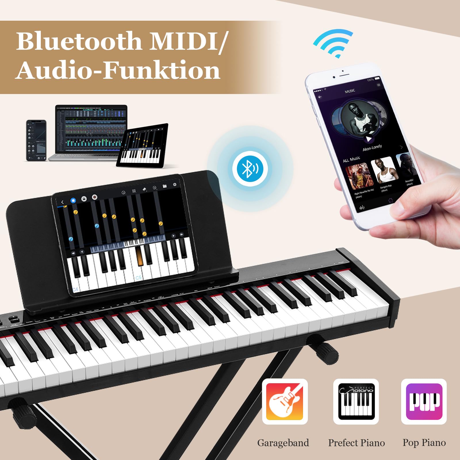 DREAMADE 61 Tasten Keyboard Klavier, Piano Keyboard mit Ständer & Hocker, 61-digitales Klavier-Set mit halbgewichteten Tasten, drahtlose MIDI-Audio-Funktion, Notenständer, Sustain-Pedal, Schwarz