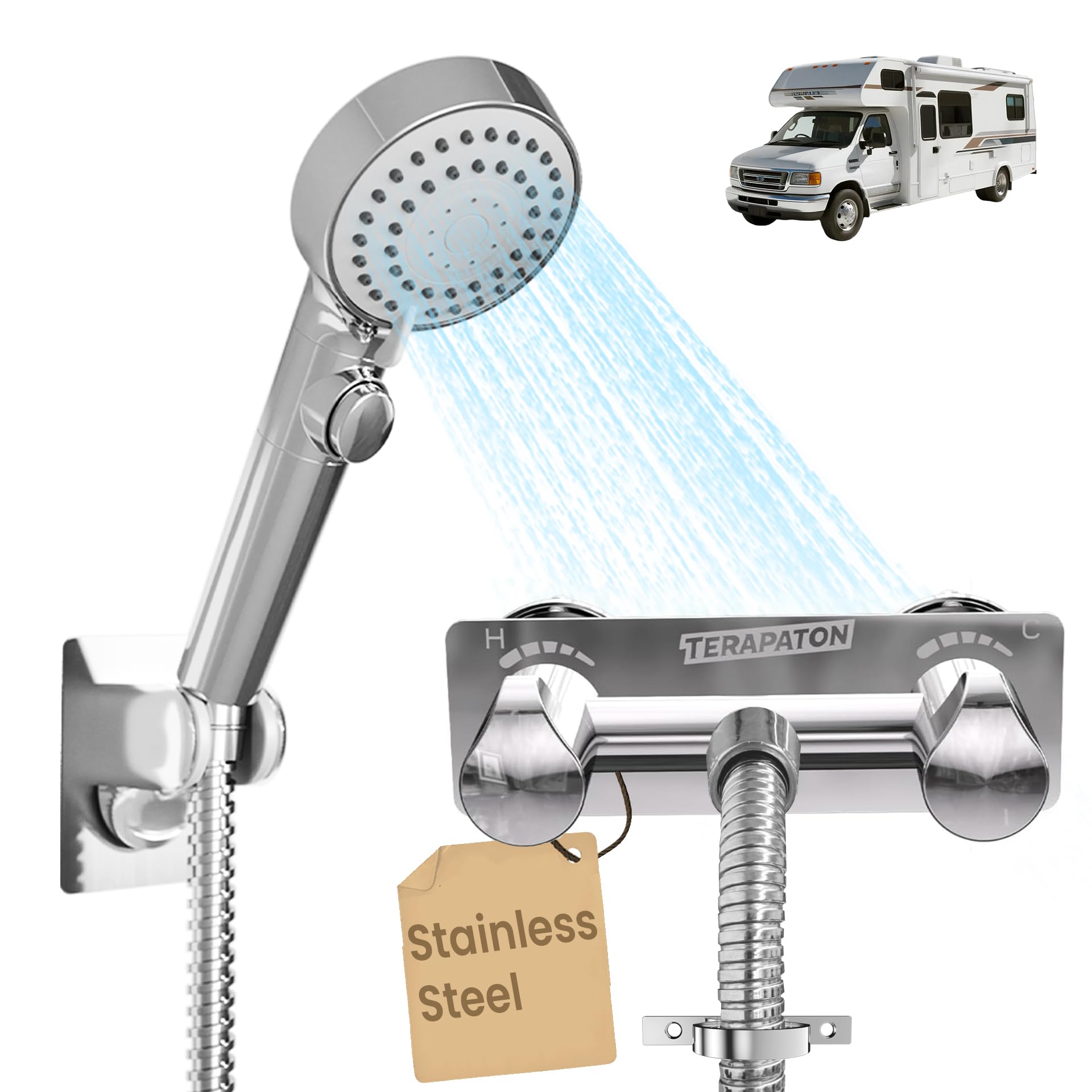 Rubinetto doccia per camper con tubo e testa, ricambio per rubinetto doccia in metallo, soffione doccia 2 in 1 e spruzzatore elettrico, soffione doccia portatile a 5 modalità per camper, camper