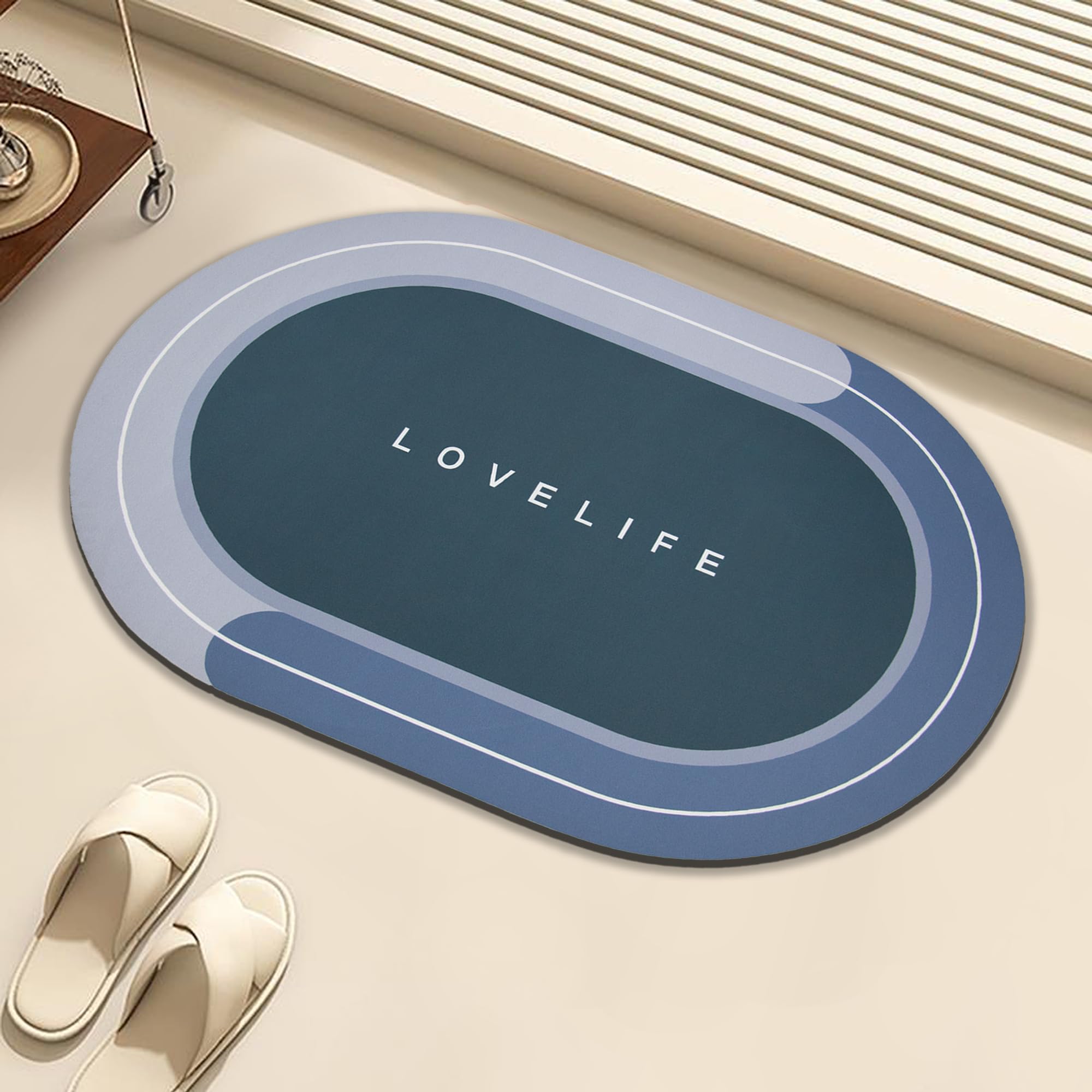 Rubber Bath mats Quick-Drying Non-Slip Bathroom mat Super Absorbent Bath mat Instant Dry Bath mat, Bathroom Rug in Front of The Kitchen Sink, Shower Room, Bathtub, Oval(Blue+16.9x26.7in)