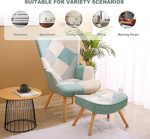 Miniatura 5 de Silla decorativa con otomana, silla de sala de estar y juego otomano, cómodo sillón lateral con respaldo alto para dormitorio, oficina (azul