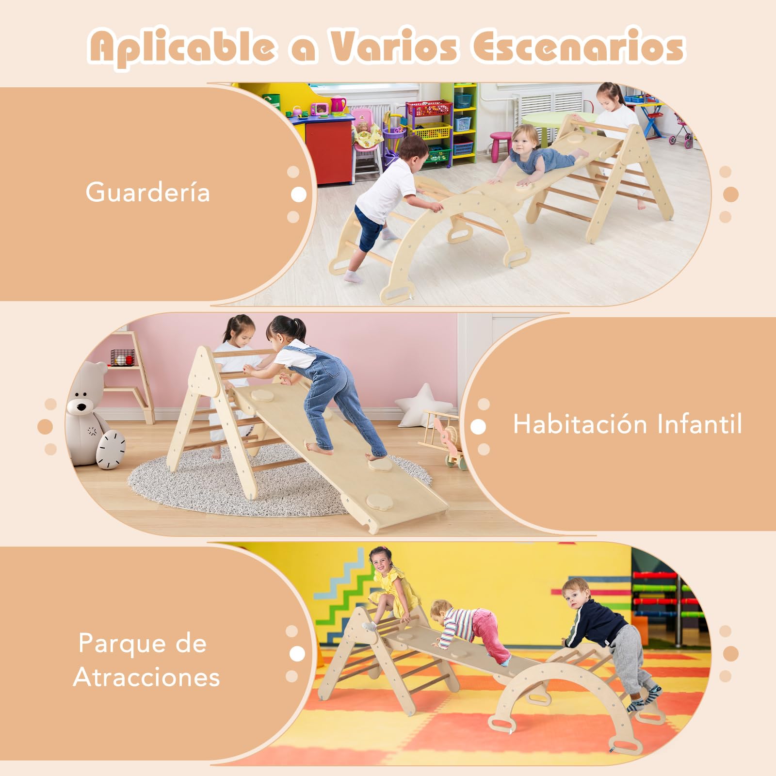 COSTWAY 7 en 1 Triángulo de Escalada de Madera para Niños, Juego de Escalada con Triángulo/Arco/Rampa para Deslizarse o Escalar, Set de Escalada Montessori para Niños 1+ Año, Natural (Ancho 55cm)