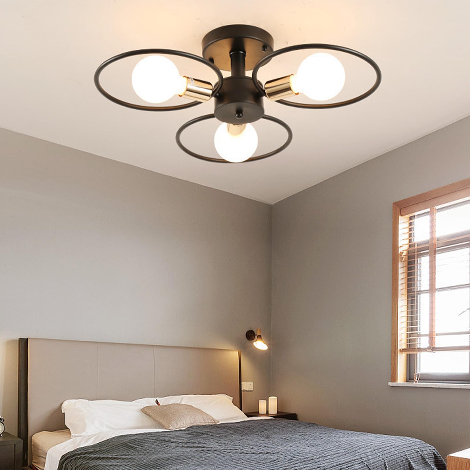 Sputnik Nowoczesna lampa sufitowa w stylu vintage metalowa oprawa sufitowa E27 Czarna podstawa przemysłowe oświetlenie sufitowe do sypialni salonu jadalni (żarówka nie jest dołączona) (czarna, 3