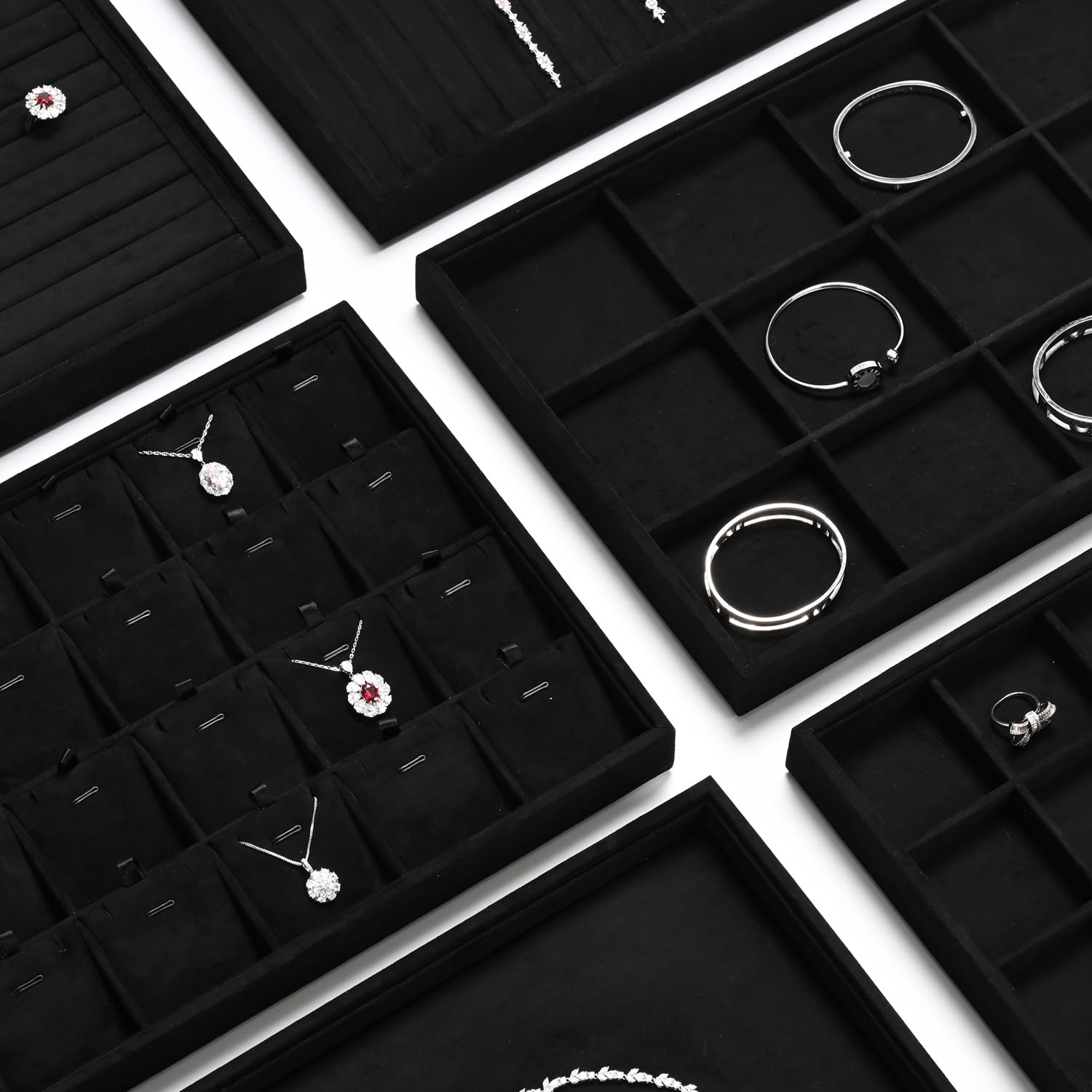 Oirlv Noir Plateaux de Bijoux en Microfibre - Organiseur Plat pour Anneaux, Colliers et Montres - Présentoir D'affichage