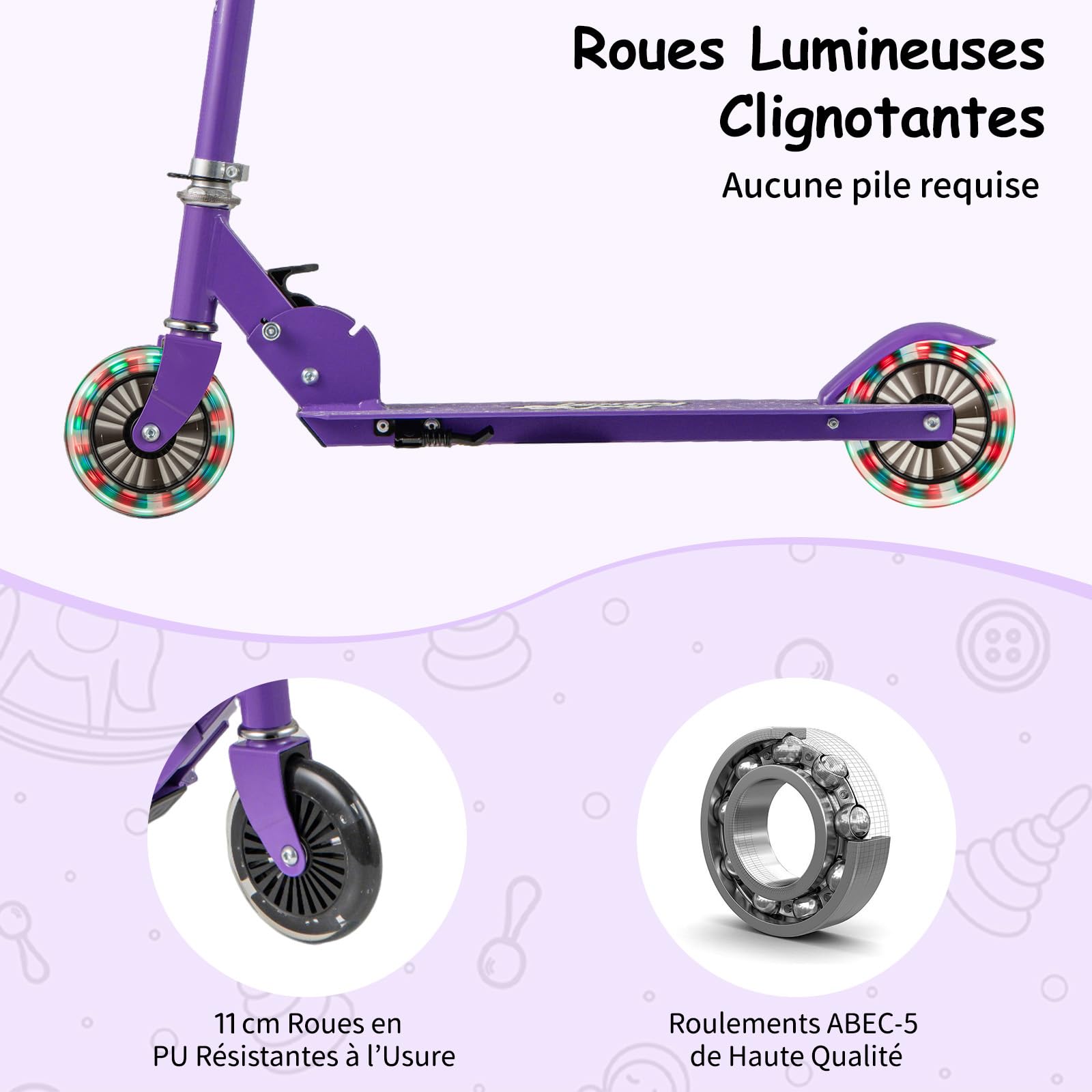 COSTWAY Trottinette Enfant Pliable avec Roulement ABEC-5 & 3 Hauteurs Réglables, Trottinette Pro Enfants avec 2 Roues Clignotantes de 110mm & Béquille, Pont Elargi, Charge 50kg pour 3-8 Ans
