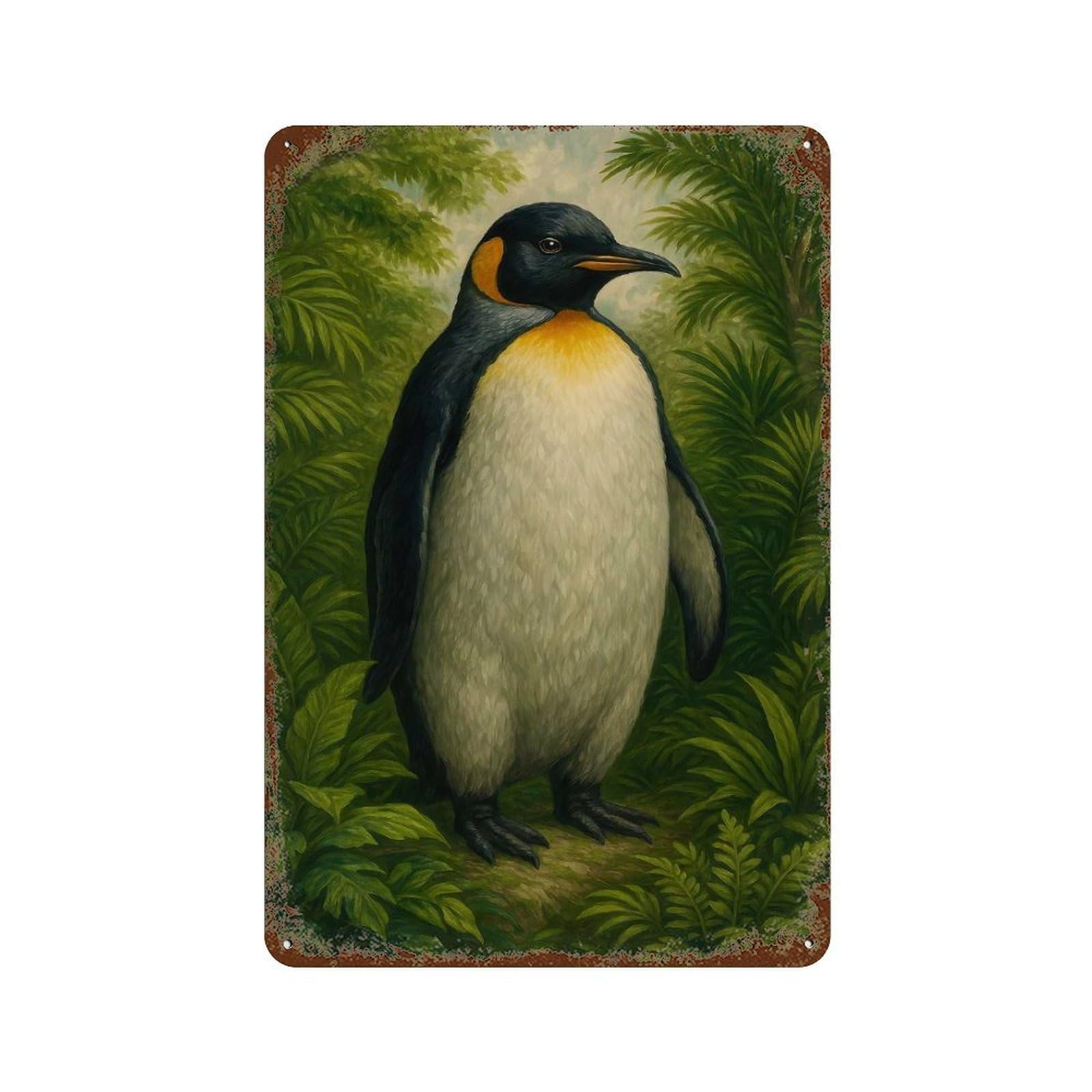 Rust Effect Penguin in Jungle Painting Rustic Tin Plaque 11.8"x7.9", Industrial Home Decor for Bistro, Counter And Cafe Decor