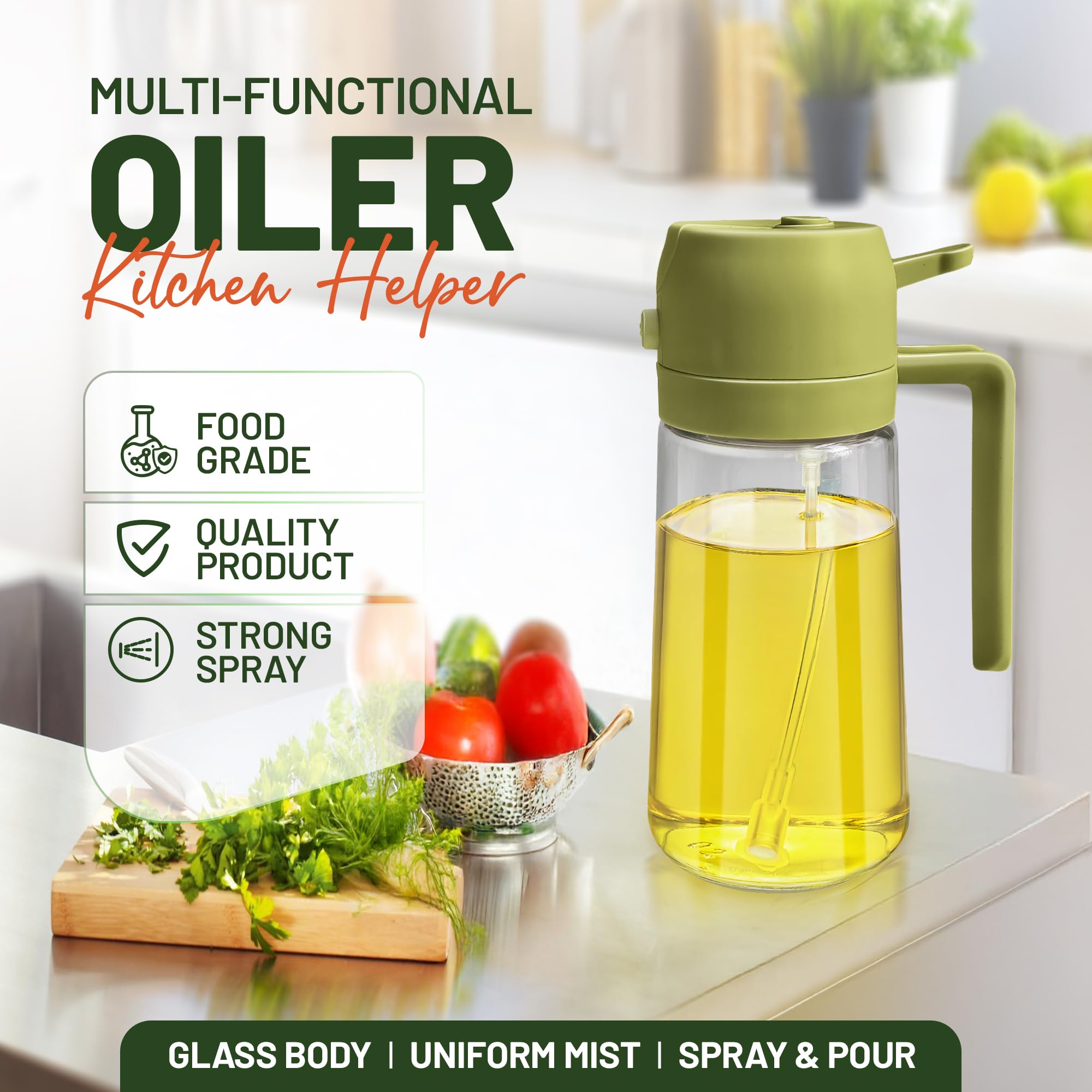 PORTENTUM Opryskiwacz do frytkownicy powietrza 500 ml 2 w 1, dozownik butelek i oleju, rozpylacz oleju, akcesoria frytkownica powietrzna rozpylacz do żywności i opryskiwacza (zielony)