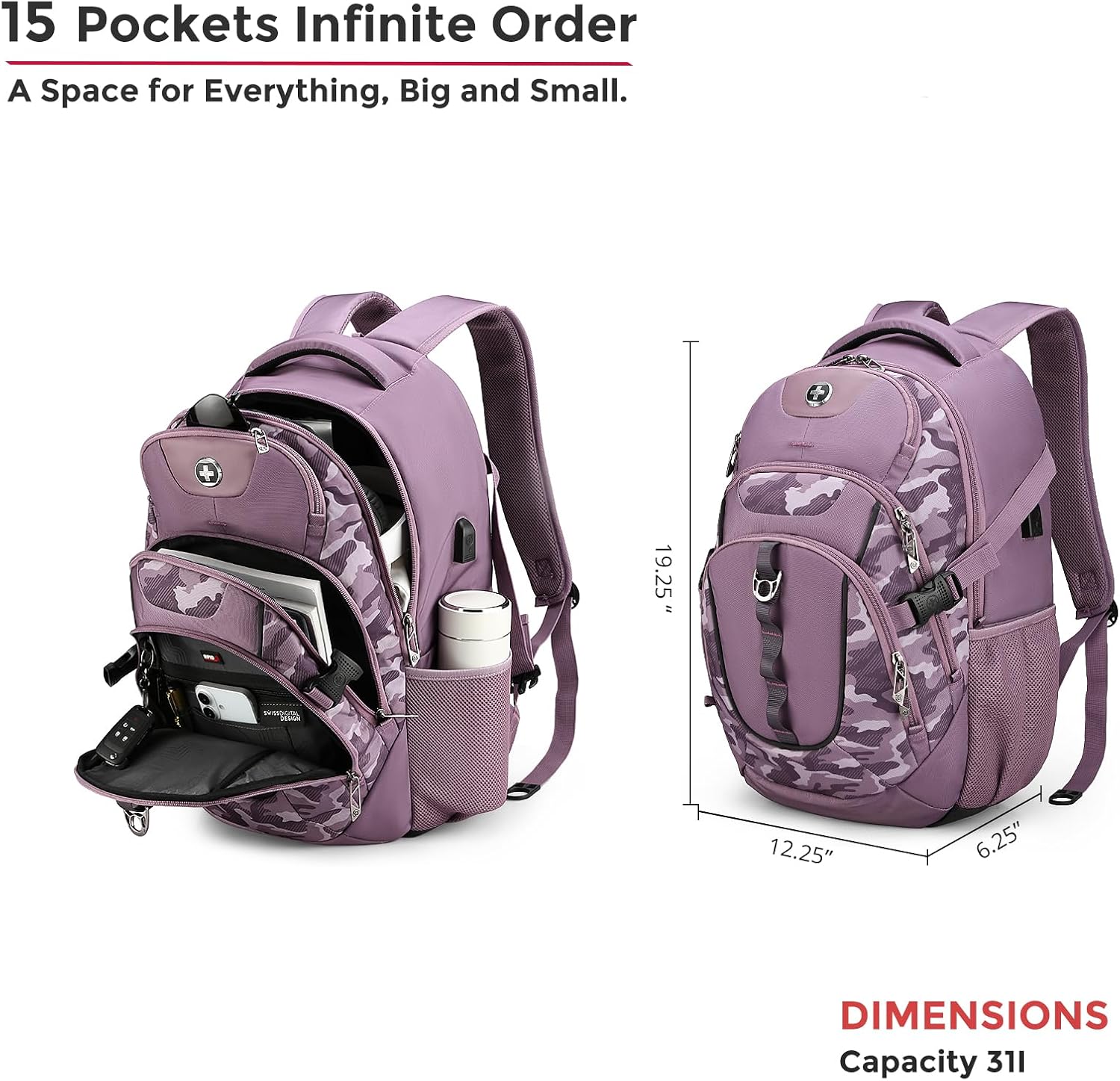 Swissdigital Design Laptop Backpack with USB Charging Port, Travel Backpack Fits 15.6 inches Computer, 31L College School Backpack for Men, Pink Camo | SD803-93 thumbnail