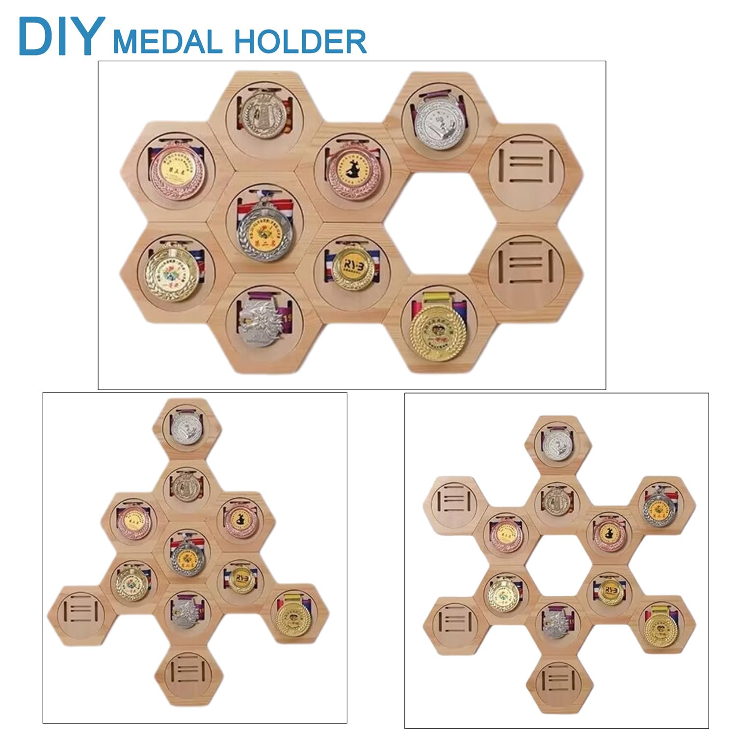 scosao Colgador de Medallas Pared, Perchero para Medallas De Madera Hexágono Estante de Exhibición de Medallas Deportivo para Baloncesto Gimnasia, Fútbol, Softball, Natación, Baile