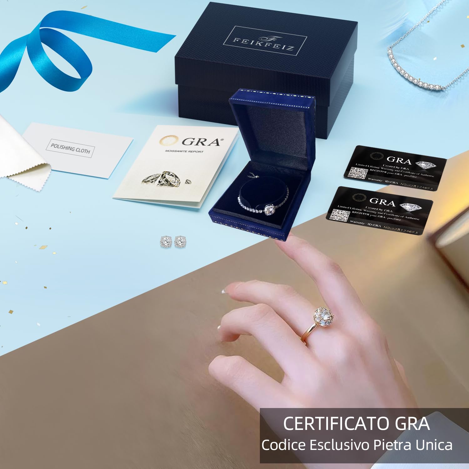 FEIKFEIZ Anello in Moissanite per donna, diamante coltivato in laboratorio da 1-2CT, argento 925 placcato in oro bianco 18K, anello aperto regolabile, anello di fidanzamento.