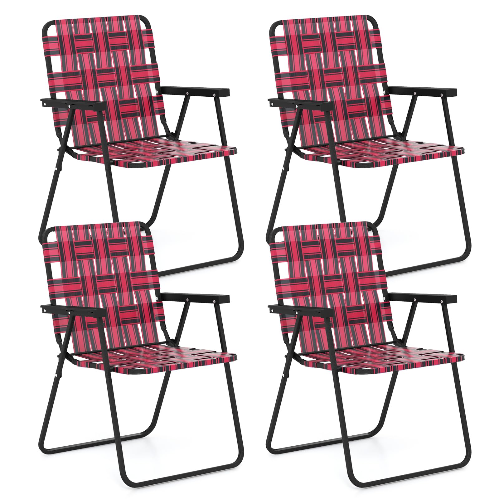 GYMAX Folding Chair, Patio Lawn Chair Set with Armrest, Indoor/Outdoor 4 Pack Webbed Lightweight Dinning Chair, Portable Beach Chair for Outside,