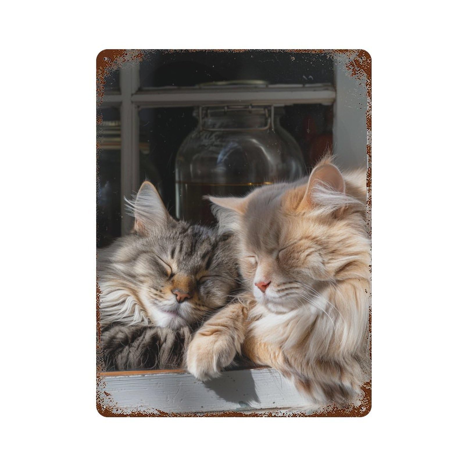 Rustic Tin Plaque Cozy Cats on Windowsill 15.7"x11.8", Vintage Wall Decor for Pub, Kitchen And Man Cave Decor