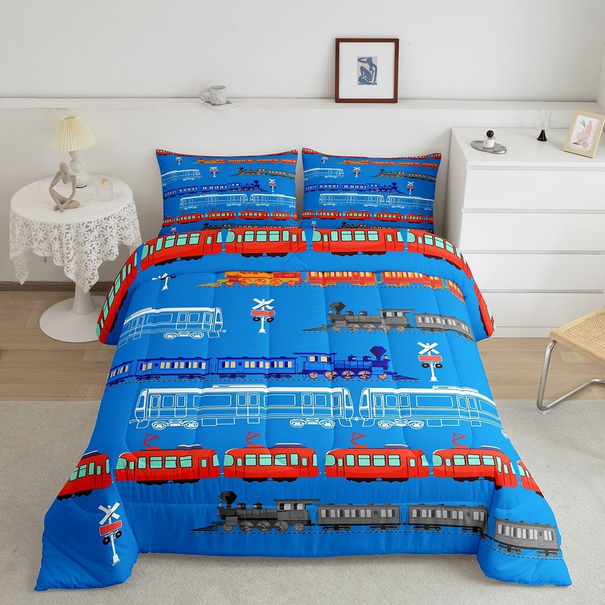 Feelyou Cartoon Car Comforter Set for Kids Boys Girls Vintage Car Comforter Train Bedding Set Bedroom Decor Retro Steam Train Blue Light Sign Duvet Set Twin Size Quilt Set 2Pcs