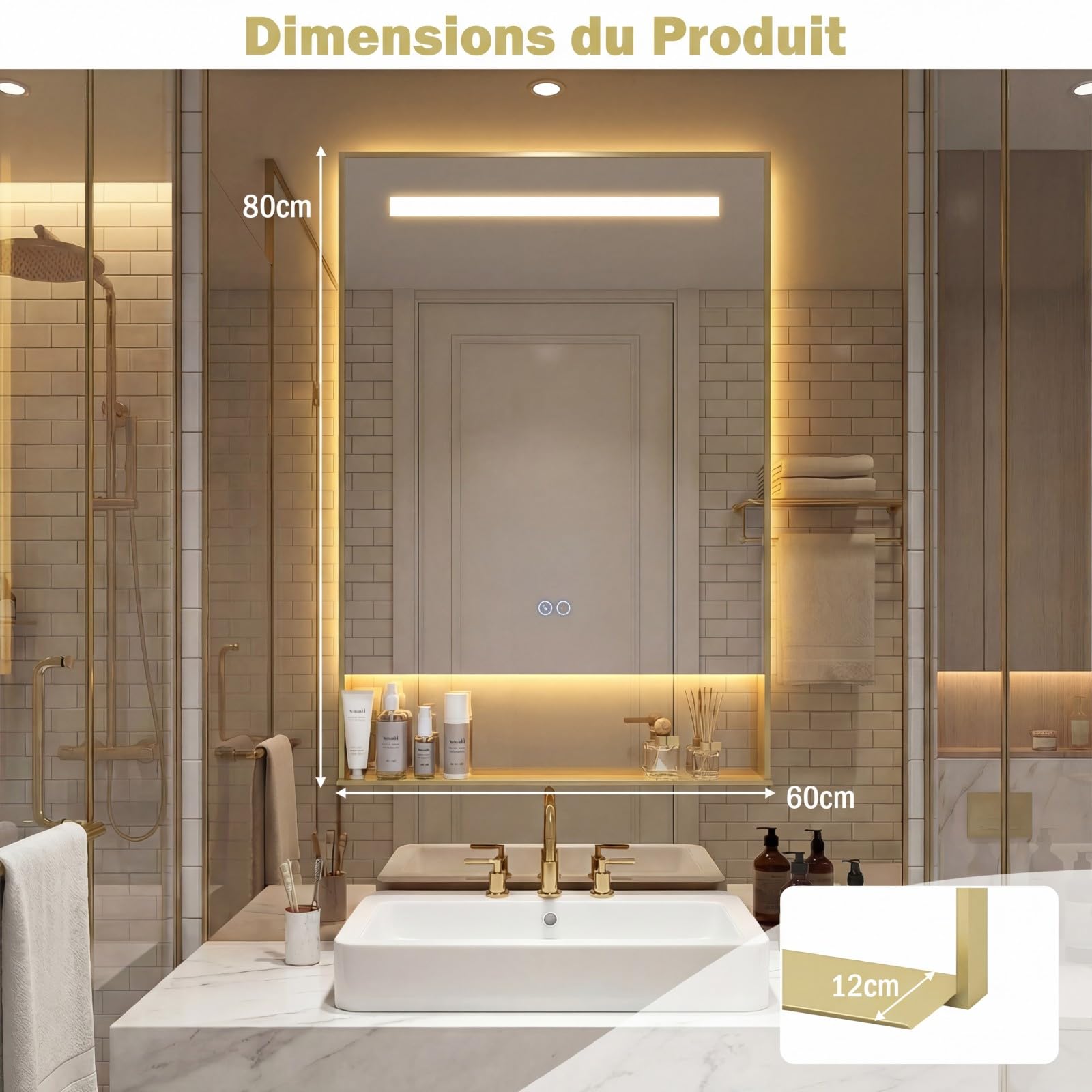 RELAX4LIFE Miroir LED Salle de Bain avec Étagère, Miroir Lumineux Salle de Bain Anti-buée, Lumière Réglable 3000K-6000K, Cadre en Aluminium, Contrôle Tactile (80x60 cm,Doré)